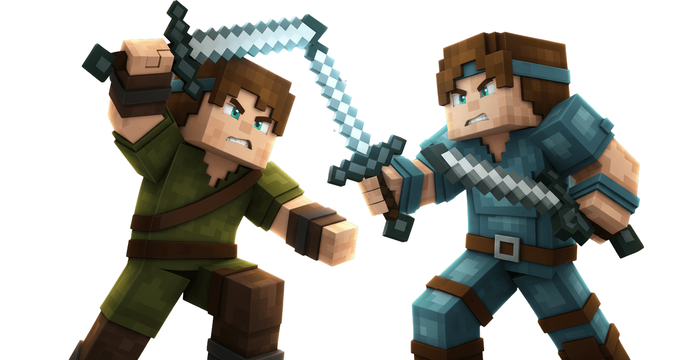 Dois personagens no estilo Minecraft preparados para uma batalha.