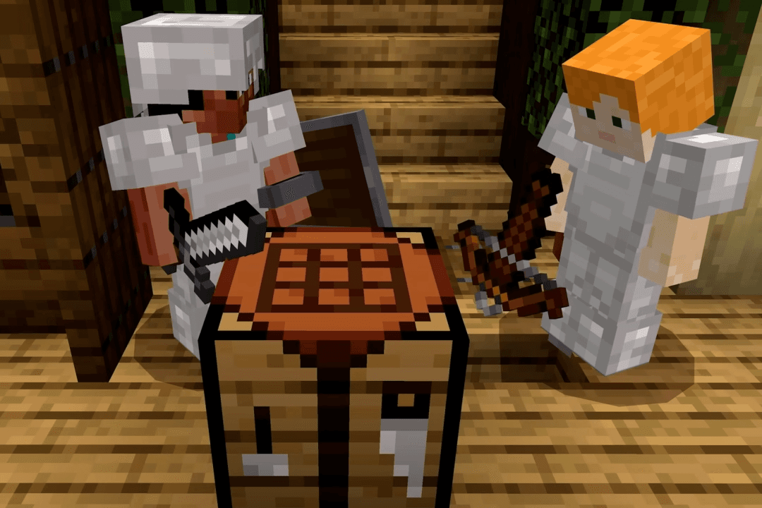 Cena de personagens do Minecraft ao redor de uma bancada de crafting.